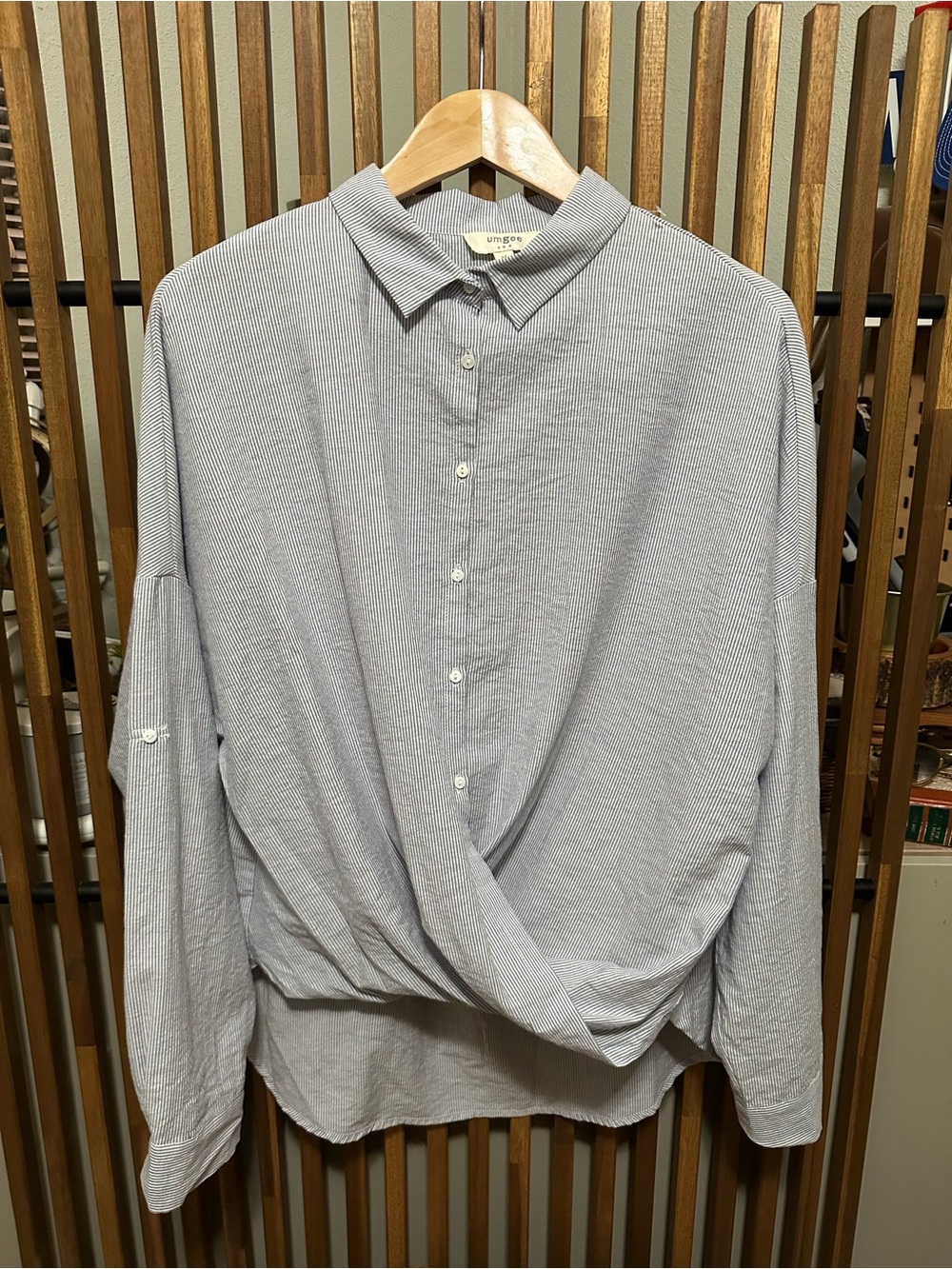 Umgee Striped Twist Front Button Down Shirt Blue White Roll Tab Hi Low Boho